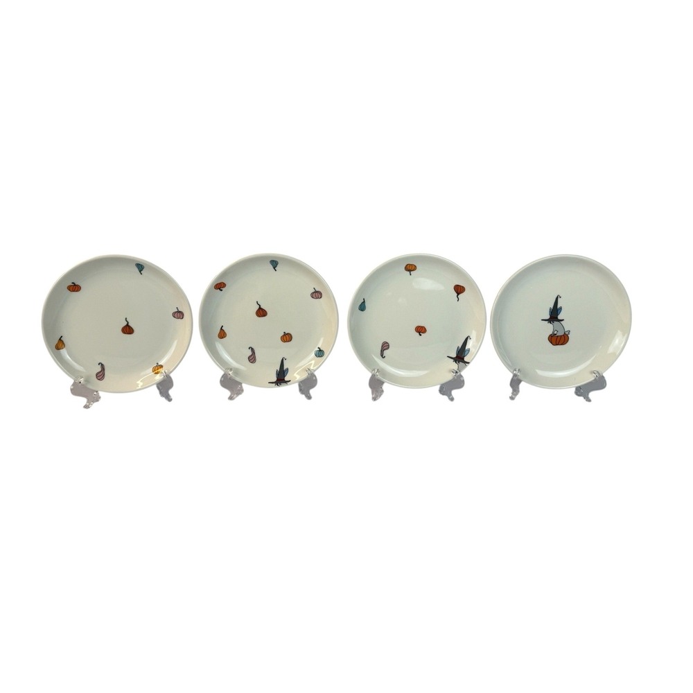 Magenta Jack's Pumpkins Appetizer Plates Set of 4 White Halloween Witch Cat 6"